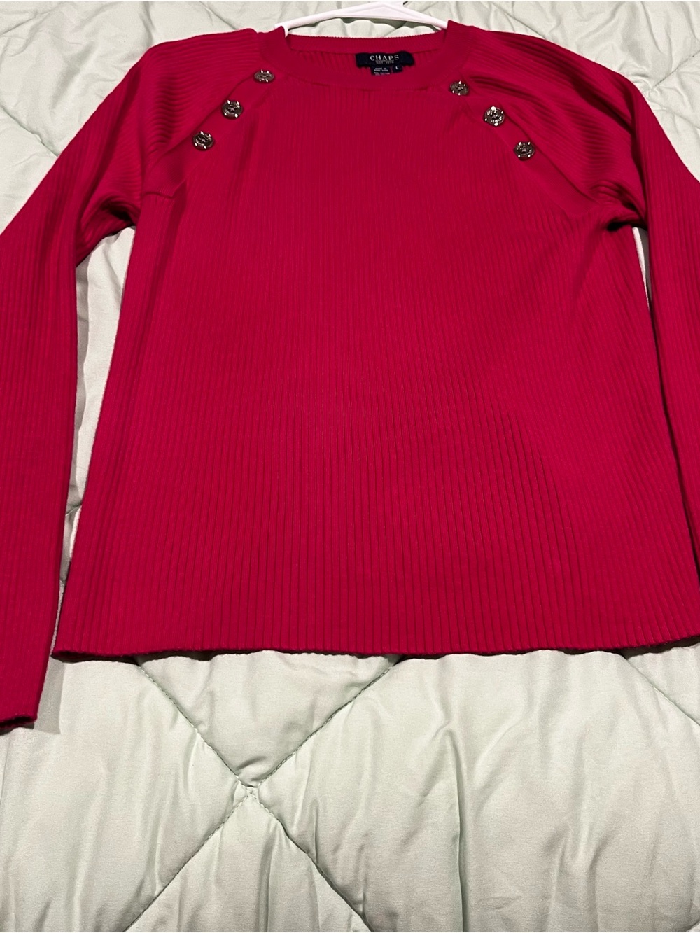 Chaps Pink Ribbed Crew Neck Sweater with Button Details, L